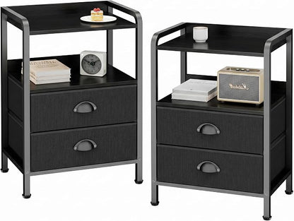 Night Stand Set 2, Nightstand with 2 Fabric Drawer, End Table with Open Shelf, Bedside Table Side Table with Wooden Top for Bedroom, Black