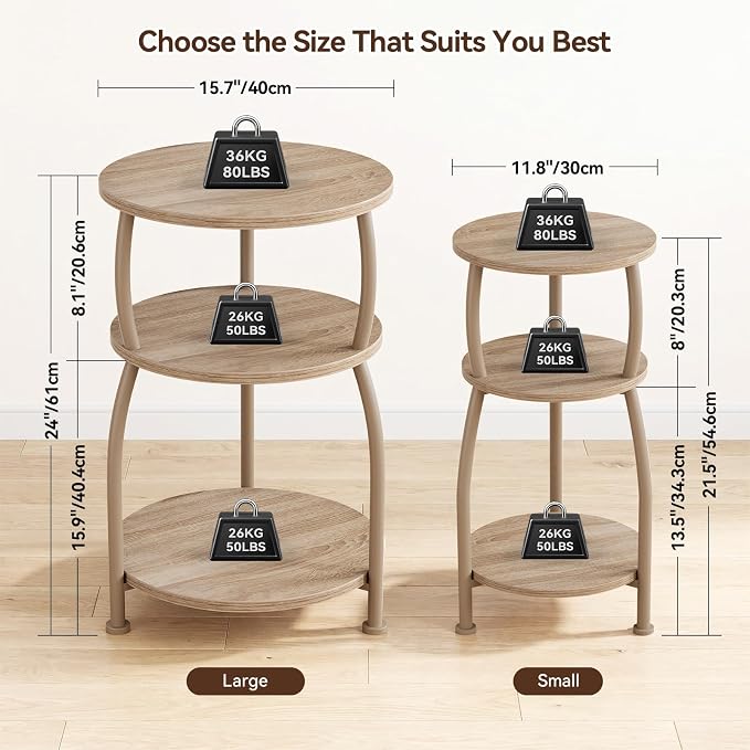 Round Side Table, 3-Tier End Table with Storage Shelf, 15.7" Wide Nightstand for Small Spaces, Tall Sofa Table Capable of Holding Laptops & Lamps, Bedside Table for Bedroom & Living Room, Oak