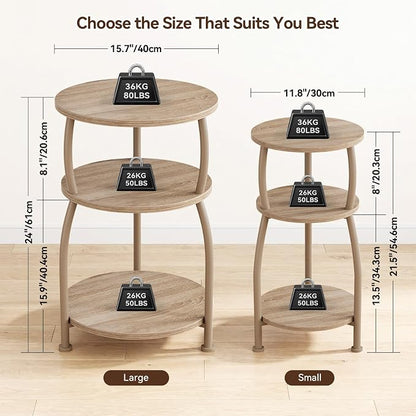Round Side Table, 3-Tier End Table with Storage Shelf, 15.7" Wide Nightstand for Small Spaces, Tall Sofa Table Capable of Holding Laptops & Lamps, Bedside Table for Bedroom & Living Room, Oak