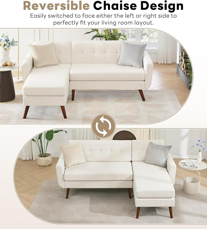Kingfun L Shaped Couch, 80" W Mid-Century Modern Sofa, Sectional Couches, 3 Seater Sofas with Wide Chaise Lounge, Button Tufted Upholstered Sectional Sofa for Living Room, Bedroom, Beige