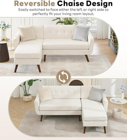 Kingfun L Shaped Couch, 80" W Mid-Century Modern Sofa, Sectional Couches, 3 Seater Sofas with Wide Chaise Lounge, Button Tufted Upholstered Sectional Sofa for Living Room, Bedroom, Beige
