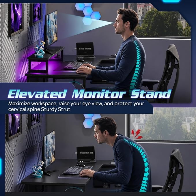 DEVAISE Spacious 55" L Shaped Gaming Desk with LED Lights and Power Outlets - Reversible Corner Computer Table with Monitor Stand and Storage Shelves for Work and Gaming, Black