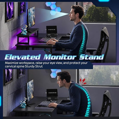 DEVAISE Spacious 55" L Shaped Gaming Desk with LED Lights and Power Outlets - Reversible Corner Computer Table with Monitor Stand and Storage Shelves for Work and Gaming, Black