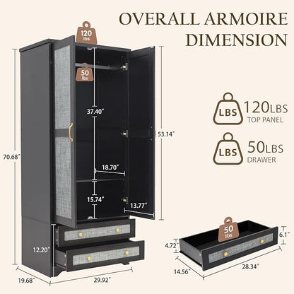 Yechen 71" Armoire Wardrobe Closet with Doors, Modern Tall Storage Cabinet with Adjustable Shelf and Hanging Rail, Sturdy Freestanding Closet Armoires and Wardrobes with 2 Wide Drawers for Bedroom
