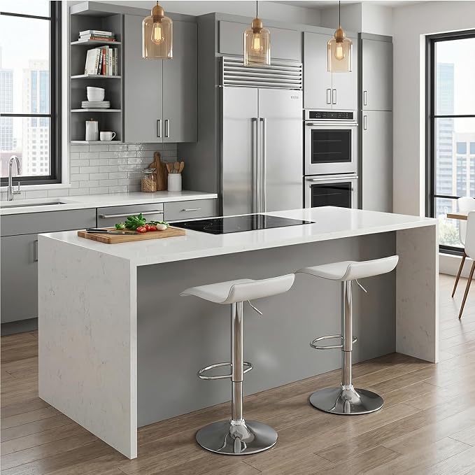 Set of 2 Barstool, Adjustable Swivel Bar Stools with PU Leather and Chrome Base, Gaslift Pub Counter Chairs, White