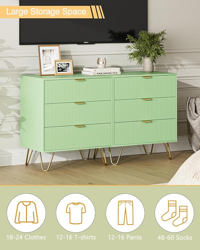 Green Dresser for Bedroom, Modern Fluted 3 Drawer Dresser with Storage, Dresser Chest of Drawers with Gold Handles for Bedroom, Living Room, Closet, Hallway, 15.8" D x 23.6" W x 27.6" H