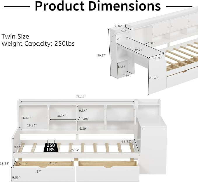 Bellemave Twin Size Corner Bed Frame, Twin Size Corner Beds with Storage Cabinets and Desk, Wood Daybed with Bookcase and Drawers, White