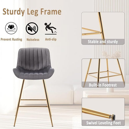Sidanli Gold Bar Stools, 24” Velvet Barstools, Kitchen Chairs Set of 2 for Counter Height with Back and Footrest, Gray