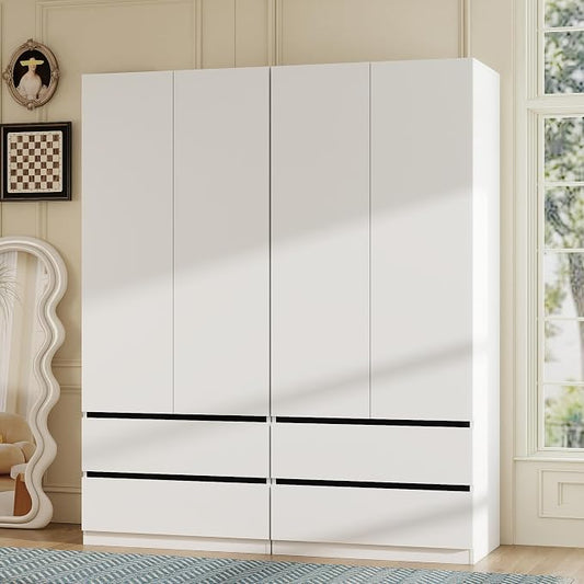 White Armoire Wardrobe Closet: 75" Large Wardrobe Closet with 4 Doors, Modern Bedroom Armoires with 4 Drawers, Tall Wood Closets for Hanging Clothes