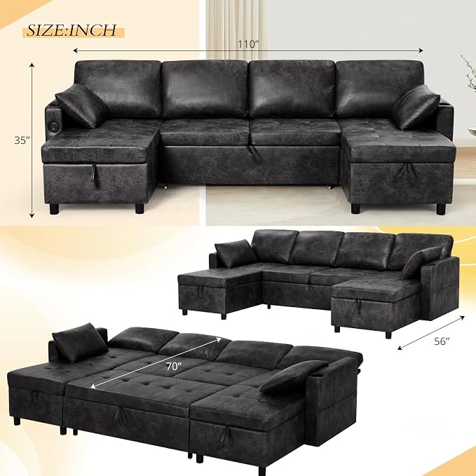 110 inches Suede Leather Sleeper Sofa w/Pull Out Bed, U-Shape Sectional Sofa Bed w/Adjustable Backrest and Storage Chaises, 4-Seats Upholstered Sofa Bed w/USB Port for Living Room, Black