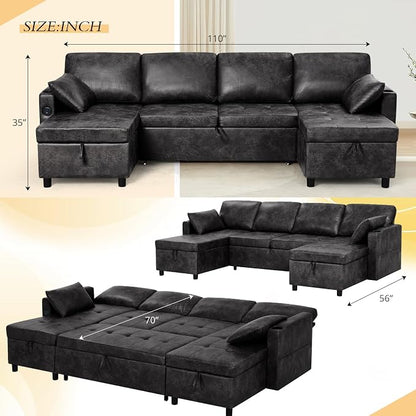 110 inches Suede Leather Sleeper Sofa w/Pull Out Bed, U-Shape Sectional Sofa Bed w/Adjustable Backrest and Storage Chaises, 4-Seats Upholstered Sofa Bed w/USB Port for Living Room, Black