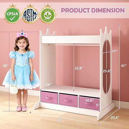 COSVALVE JOYLDIAS Kids Dress Up Storage with Mirror and Drawers, Kid Armoire Dresser, Pretend Storage Closet for Kids, Costume Wardrobe with Top Shelf for Playroom Bedroom, Lovely White