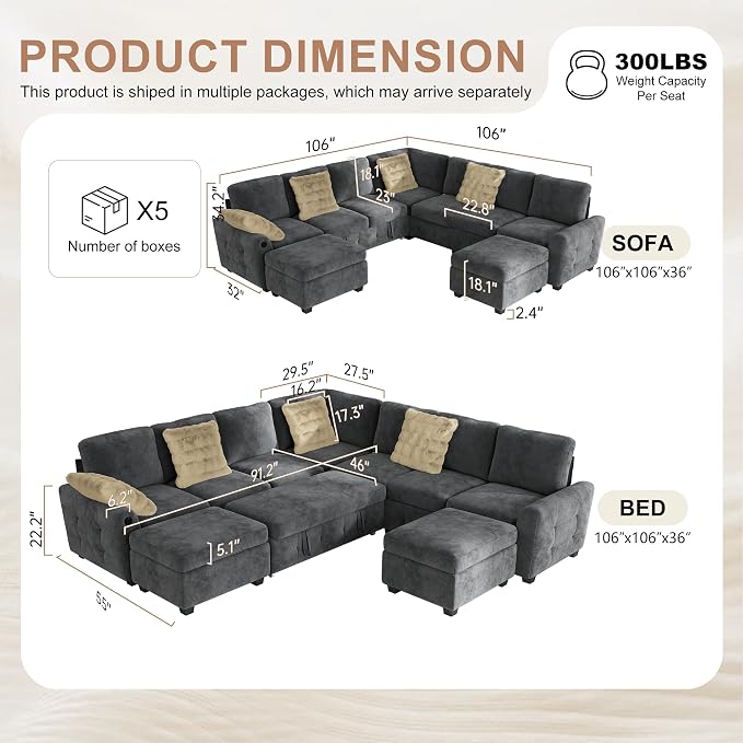 Hanherry 106" Sectional Sofa with Pull Out Couch Bed,7 Seat Chenille Sleeper Sofa with 2 Seat Storage & USB Charging,Storage Ottoman,Comfy Modular Couches for Living Room,Apartment