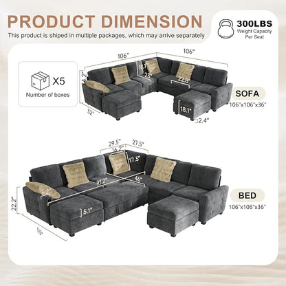 Hanherry 106" Sectional Sofa with Pull Out Couch Bed,7 Seat Chenille Sleeper Sofa with 2 Seat Storage & USB Charging,Storage Ottoman,Comfy Modular Couches for Living Room,Apartment