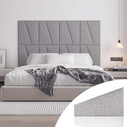 Peel and Stick Headboard Panels for King Bed, Upholstered Wall Mounted Headboard in Lighe Gray, Soft Padded Fabric Noise-Reducing Panels with Modern Stylish Design for Bedroom Decor (8 Panels)