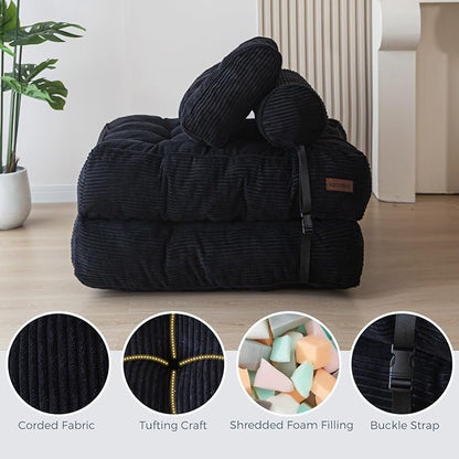 MAXYOYO Folding Sofa Bed, Convertible Chair with Pillow Foldable Couch with Back Support, Portable Fold Out Chair Bed Comfy Floor Sofa Lounge for Living Room Bedroom, Black, Single