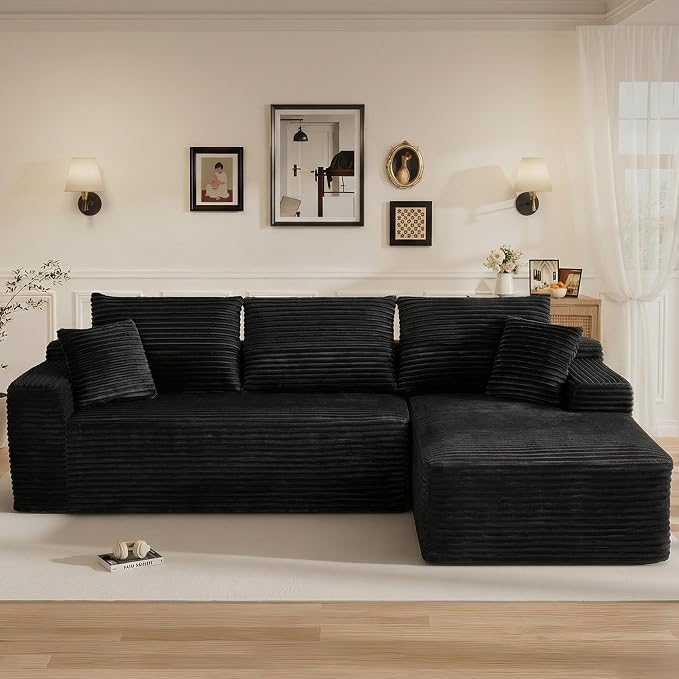 108" L Shaped Cloud Boneless Sectional Couches for Living Room, Modern Comfy Modular Deep Seat Memory Foam Compressed Corduroy Sofa Oversized Right Facing Chaise, No Assembly Required, Balck