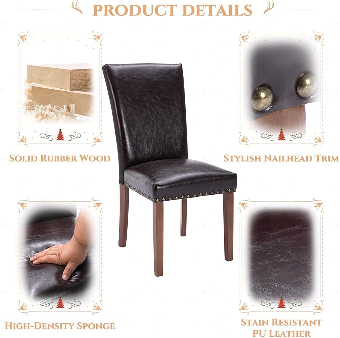 Parsons Dining Chairs Set of 6, Upholstered Nailhead PU Leather Dining Room Kitchen Side Chair with Thick Cushions and Wood Legs, Dark Brown