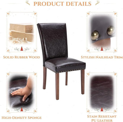 Parsons Dining Chairs Set of 6, Upholstered Nailhead PU Leather Dining Room Kitchen Side Chair with Thick Cushions and Wood Legs, Dark Brown