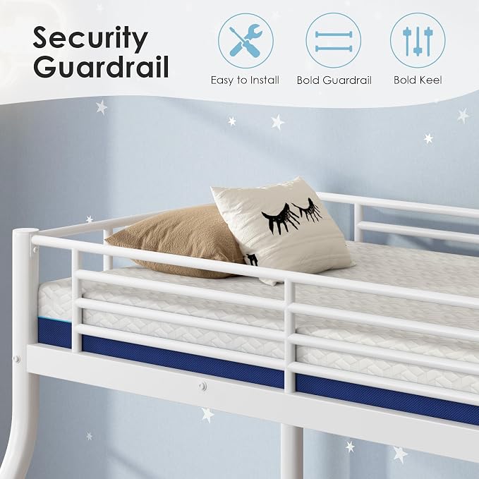 SDHYL Bunk Bed with Mattresses Twin Over Full Size,Heavy Duty Metal Bunk Beds for Adult,with Guardrail & Ladder,Perfect for Dorm Rooms,White