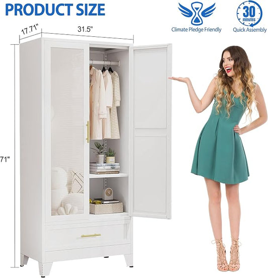 GAIOUS Steel Armoire WardrobeCloset with Mirror Door and Drawer 71" White | Household Wardrobe Cabinet with Hanging Rod, Metal Clothing Storage Cabinet with Adjustable Shelf for Bedroom, Cloak, Gym