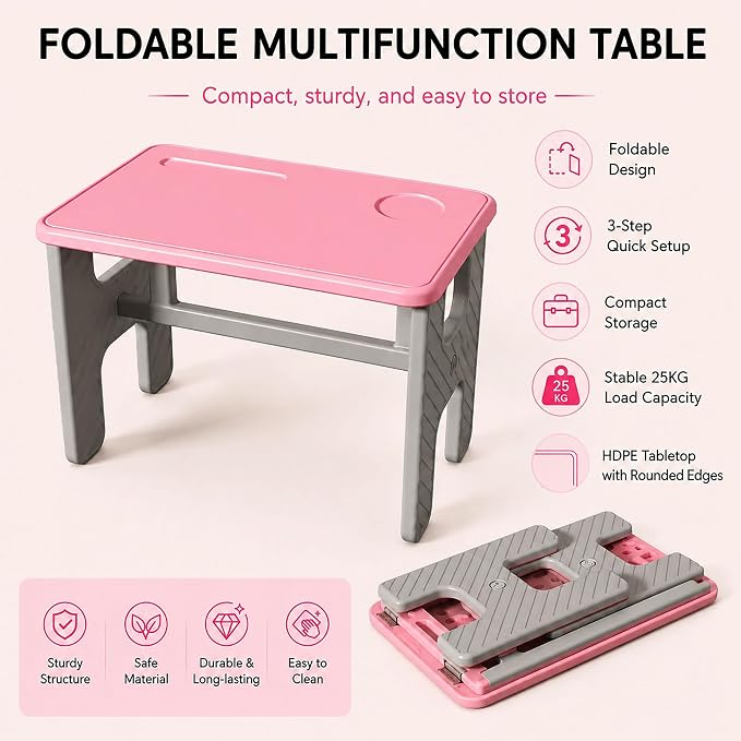 UNICOO Kids Folding Table, Toddler Activity Table for Study, Snack, Art Craft and Play, Portable Plastic Children's Table for Small Spaces, Home and Playroom