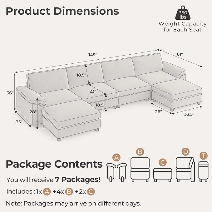 SITJOY Large Cloud Couch, 149" Wide 4 Seater U Shape, Light Gray Chenille | Detachable and Washable Chenille Cover Sectional Sofas for Living Room, Deep Seat Wide Couch with Chaise, Storage Ottoman