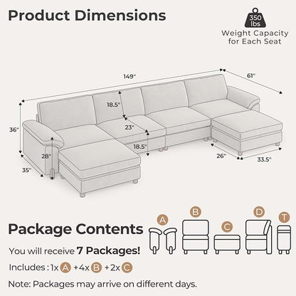 SITJOY Large Cloud Couch, 149" Wide 4 Seater U Shape, Light Gray Chenille | Detachable and Washable Chenille Cover Sectional Sofas for Living Room, Deep Seat Wide Couch with Chaise, Storage Ottoman