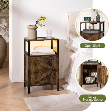 Yoobure Farmhouse NightStand with Charging Station，Wood Night Stand End Table with USB Ports, LED Bed Side Table with Storage Cabinet，Bedside Table for Bedroom, Living Room Rustic Brown