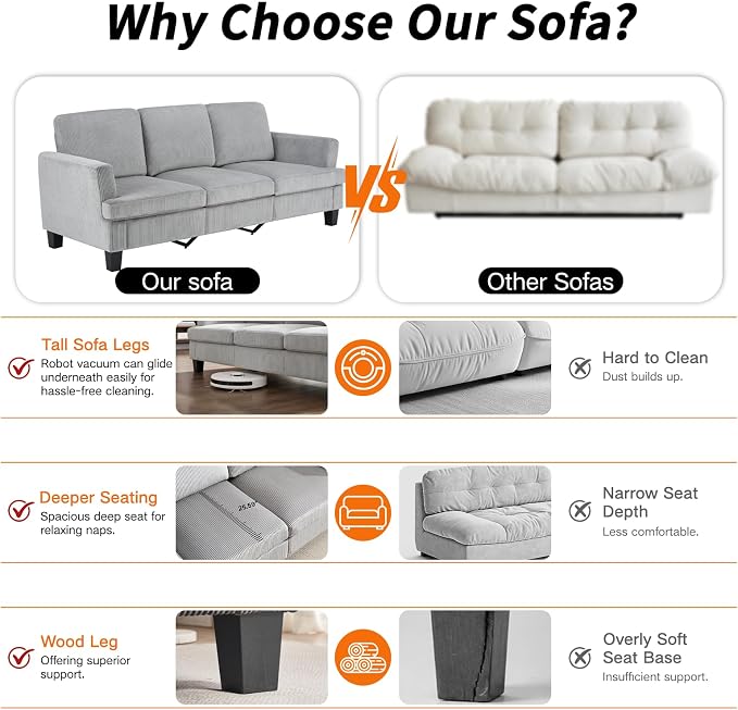 Modern 3 Seater Sofa for Living Room with Soft Deep Seats, Sofa 3 Seater in Linen, Upholstered Apartment Sofa with Armrests, Comfy Cozy Sofas for Bedroom (Corduroy, Light Grey)