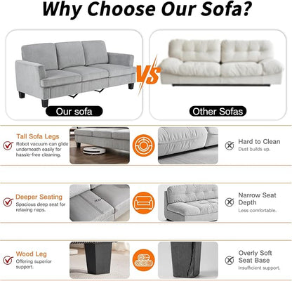 Modern 3 Seater Sofa for Living Room with Soft Deep Seats, Sofa 3 Seater in Linen, Upholstered Apartment Sofa with Armrests, Comfy Cozy Sofas for Bedroom (Corduroy, Light Grey)