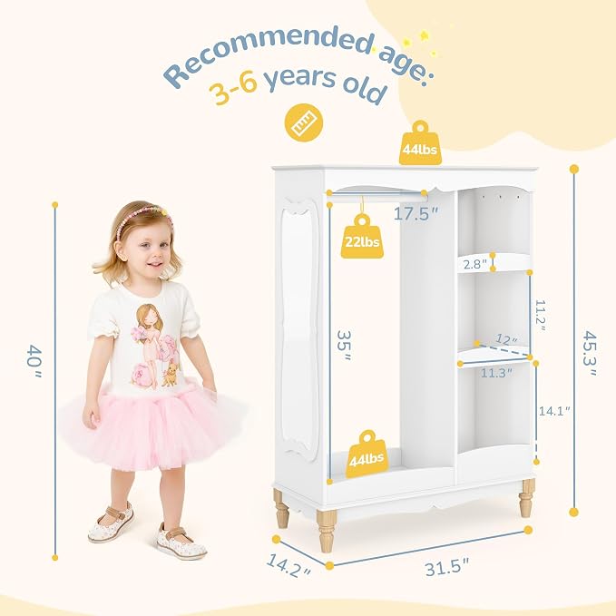 Curipeer Kids Dress Up Storage with Flower Mirror & Wood Legs, Open Hanging Closet Wardrobe for Children, Kids Armoire & Costume Organizer for Bedroom Playroom Preschools Classroom, White