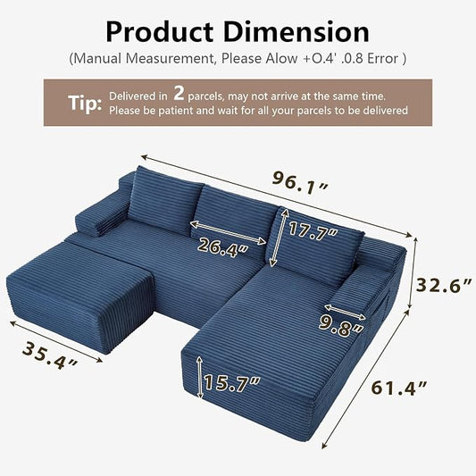 96" Cloud Sectional Couch U-Shaped Chaise with Ottoman, Corduroy Boneless Couch for Living Room Bedroom, Deep-Seat Upholstered Modular Cloud Sofa, No Assembly Required (Blue, Right Facing Chaise)
