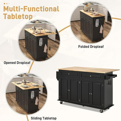 Hlivelood 55" Movable Kitchen Island with Drop Leaf and Power Outlet, Rolling Cart with Storage Cabinet, Island Table on Wheels for Kitchen with 2 Drawers, Spice Rack, Towel Bar, Garage Hook, Black