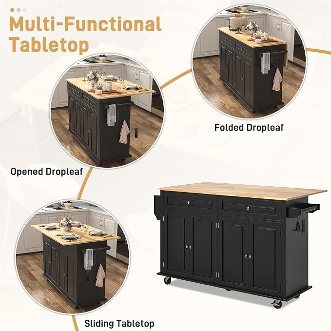 Hlivelood 63" Movable Kitchen Island with Drop Leaf and Power Outlet, Rolling Island Cart w/Storage Cabinet, Island Table on Wheels for Kitchen w/2 Drawers, Spice Rack, Towel Bar, Garage Hook, Black