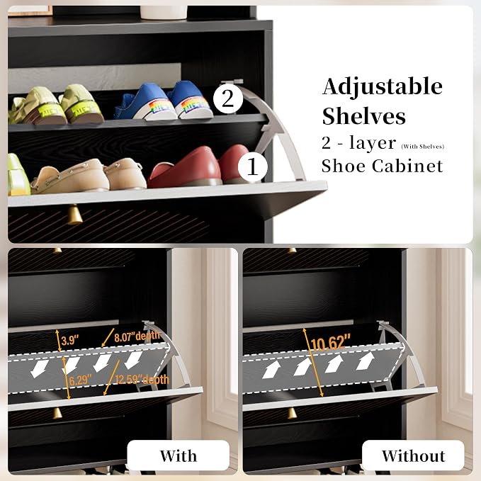 Fsbecl Shoe Cabinet for Entryway with 3 Flip Drawers & Coat Rack, Narrow Hidden Shoe Storage Cabinet with Fluted Panel, 2-in-1 Hall Tree Slim Freestanding Shoe Rack Organizer for Hallway, Black