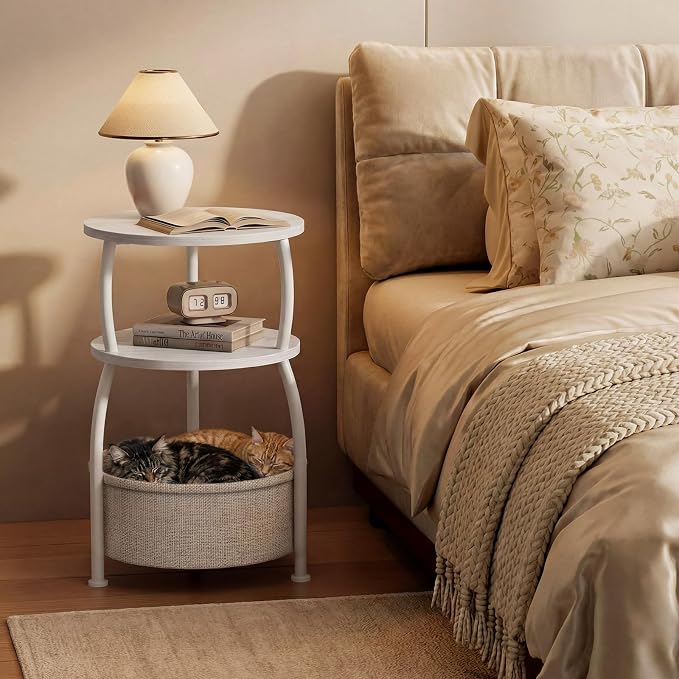 Round Side Table with Storage Basket, End Table Living Room, 15.7in | Side Tables Bedroom, 3-Tier Small End Table for Living Room, Garden, Corner Tables,Small spaces,Wooden, 24in Tall