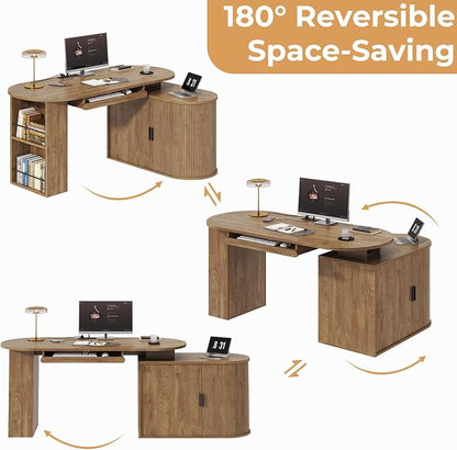 HSH Reversible L Shaped Desk with Storage, Computer Desk with Keyboard Tray | 60" Modern Annual Ring Wood Executive Office Desk, Adjustable Corner Design for Gaming Spaces and Home Workstations
