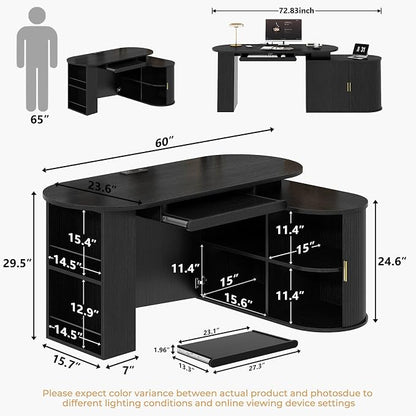HSH Black L Shaped Office Desk with Storage Cabinet for Home Oak 60 Inch | Executive Woood Fluted Computer Desk with Keyboard Tray and Open Shelves Modern Reversible Mcm Large Swivel Table