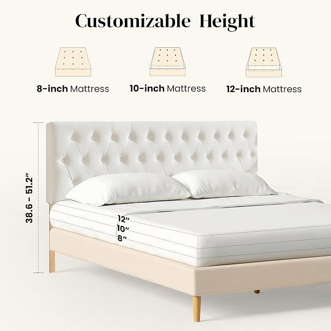Tufted Upholstered King Size Bed Headboard in Modern Button Design, Adjustable Solid Wood Head Board, Premium Velvet Fabric Padded Headboards in Bedroom (White)