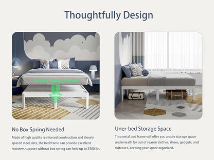 White Bed Frame Queen Size 16 Inch, Metal Queen Bed Frame No Box Spring Needed, Heavy Duty Steel Support 3500 LBS, DIY Headboard, Noiseless, Round Corner Legs, Storage Space, Easy Assembly