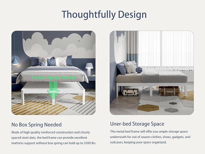 White Full Size Bed Frame 16 Inch, Metal Full Bed Frame No Box Spring Needed, Heavy Duty Steel Support 3500 LBS, DIY Headboard, Noiseless, Round Corner Legs, Storage Space, Easy Assembly