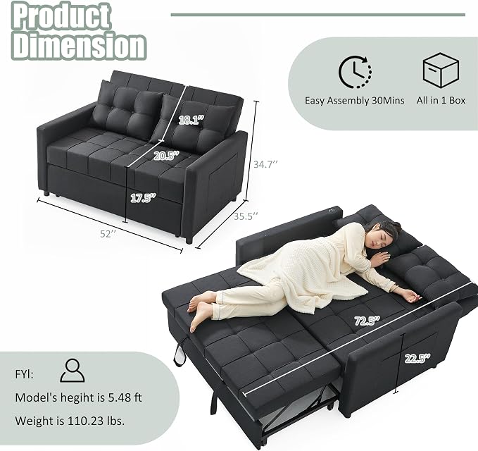 GOSUHI 52" Sleeper Sofa with Pull-Out Bed, 3-in-1 Convertible Sofa Bed, Set of Loveseat with Stepless Adjustable Backrest and Side Pocket, for Living Room Dorm Apartment, Linen, Black