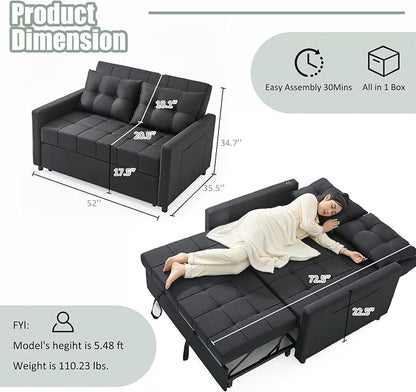 GOSUHI 52" Sleeper Sofa with Pull-Out Bed, 3-in-1 Convertible Sofa Bed, Set of Loveseat with Stepless Adjustable Backrest and Side Pocket, for Living Room Dorm Apartment, Linen, Black