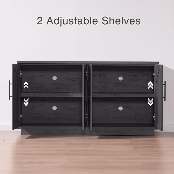 Fatmok 59" Sideboard Buffet Cabinet & TV Stand Set of 2, Modern Arched Credenza with Adjustable Shelves and Long Metal Handles, Wood Console Coffee Bar Storage for Living Room, Black Grey