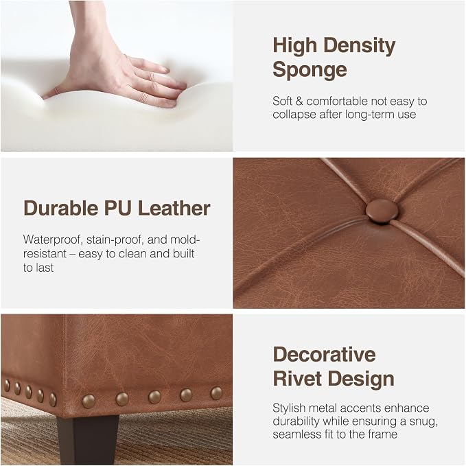 FiveWillowise Square Leather Ottoman with Storage, Faux Leather Coffee Table with Lift Top,Large Upholstered Footrest Stool Toy Box Storage Bench for Bedroom Living Room, Brown