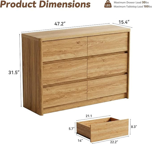 3 Pieces of Dresser and Nightstand Set,47.2" Width 6-Drawer Dresser & 2-Drawer Nightstands Set of 2,Nightstand with USB&Type C Charging Station&Outlets, Modern Design for Bedroom,Natural Oak