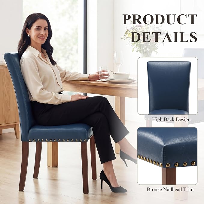 MALOL Dining Chairs Set of 2, High Back Dining Chair with Wood Legs and Nailhead Trim, Modern Padded Kitchen Room Chairs for Dining Room/Restaurant, Blue