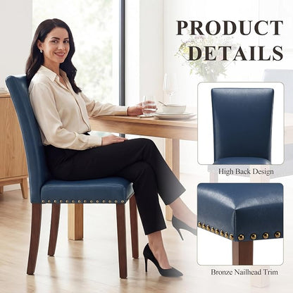 MALOL Dining Chairs Set of 2, High Back Dining Chair with Wood Legs and Nailhead Trim, Modern Padded Kitchen Room Chairs for Dining Room/Restaurant, Blue
