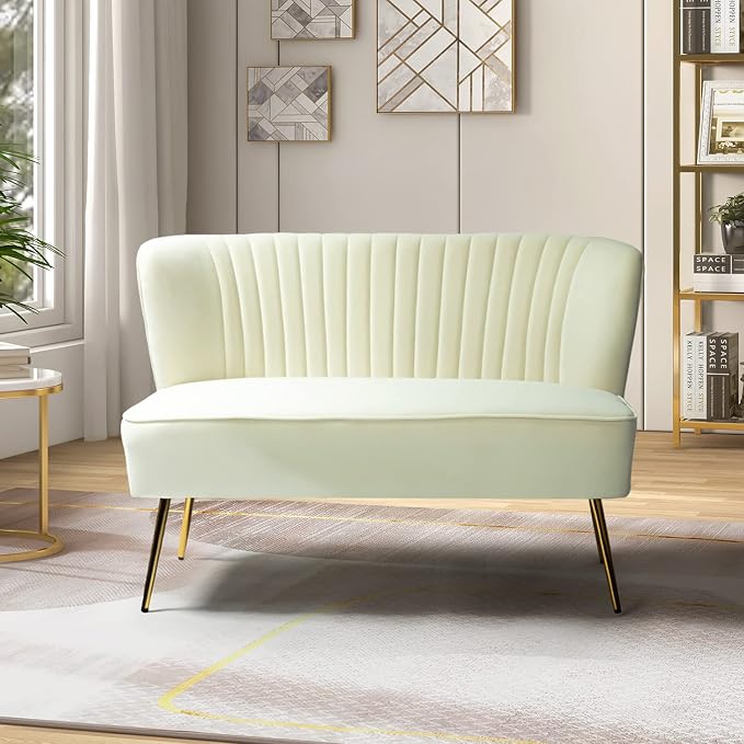 TINA'S HOME Contemporary Velvet Loveseat Sofa, Upholstered Loveseat Couch with Golden Metal Legs, Small Tufted 2-Seat Sofa Armless Love Seat for Living Room, Bedroom, Apartment Small Spaces, Ivory